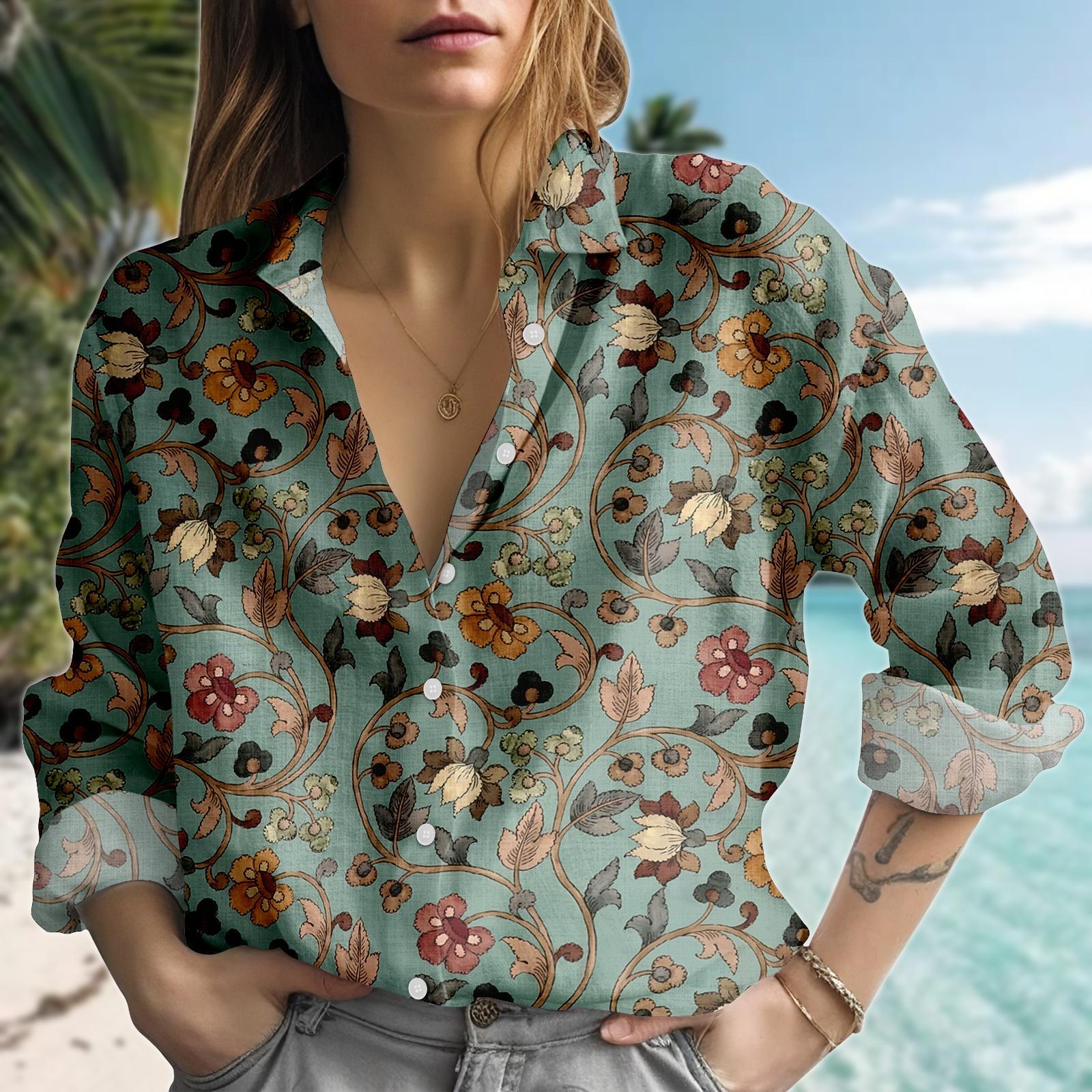 Discover Vintage Floral Blouse Shirt, Retro Flower Women Shirt, Long Sleeve Spring Shirt, Cottagecore Button Shirt, Gift For Garden Lovers
