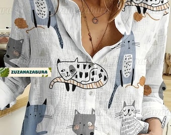 Cat Linen-Look Shirt, Cat Shirt Women, Cat Lover Gift, Cat Lover Shirt, Cat  Blouse Women Shirt, Cat Linen Clothing, Gift For Her