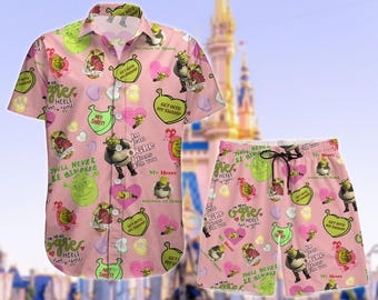 Shrek Gesicht Button Shirt, Shrek und Fiona Shorts, lustiges Shrek Shirt, freche Shrek Shorts, Button Up Shirt, Halloween Geschenk