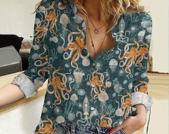 Octopus Blouse Shirt, Ocean Animal Casual Shirt, Octopus Women Shirt, Sea Animal Long Sleeve Shirt, Summer Clothing