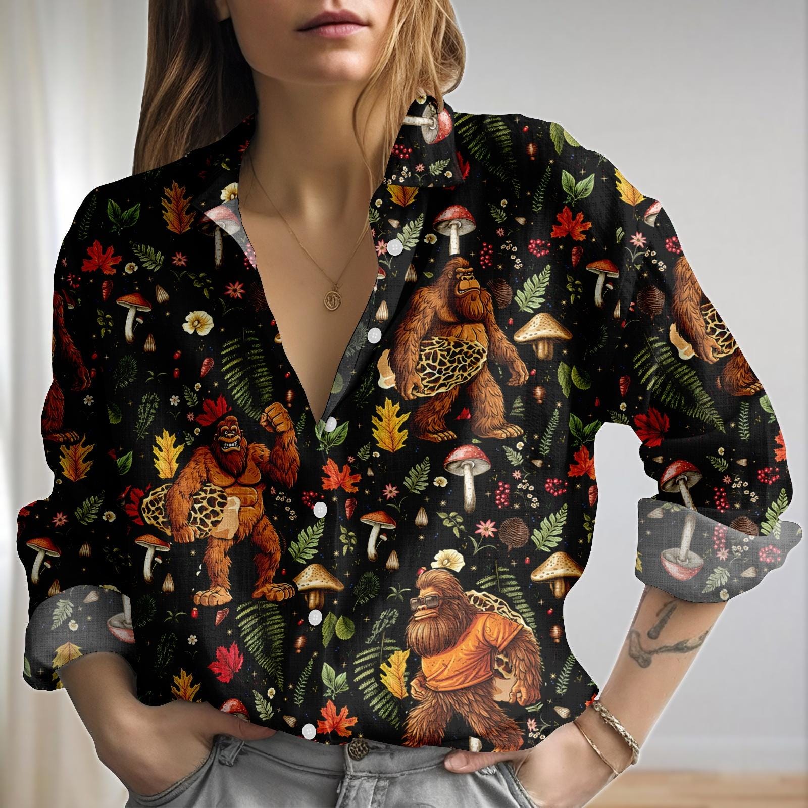 Discover Bigfoot Blouse Shirt, Bigfoot Holding Mushroom Shirt, Mushroom Women Shirt, Sasquatch Shirt, Gift For Her