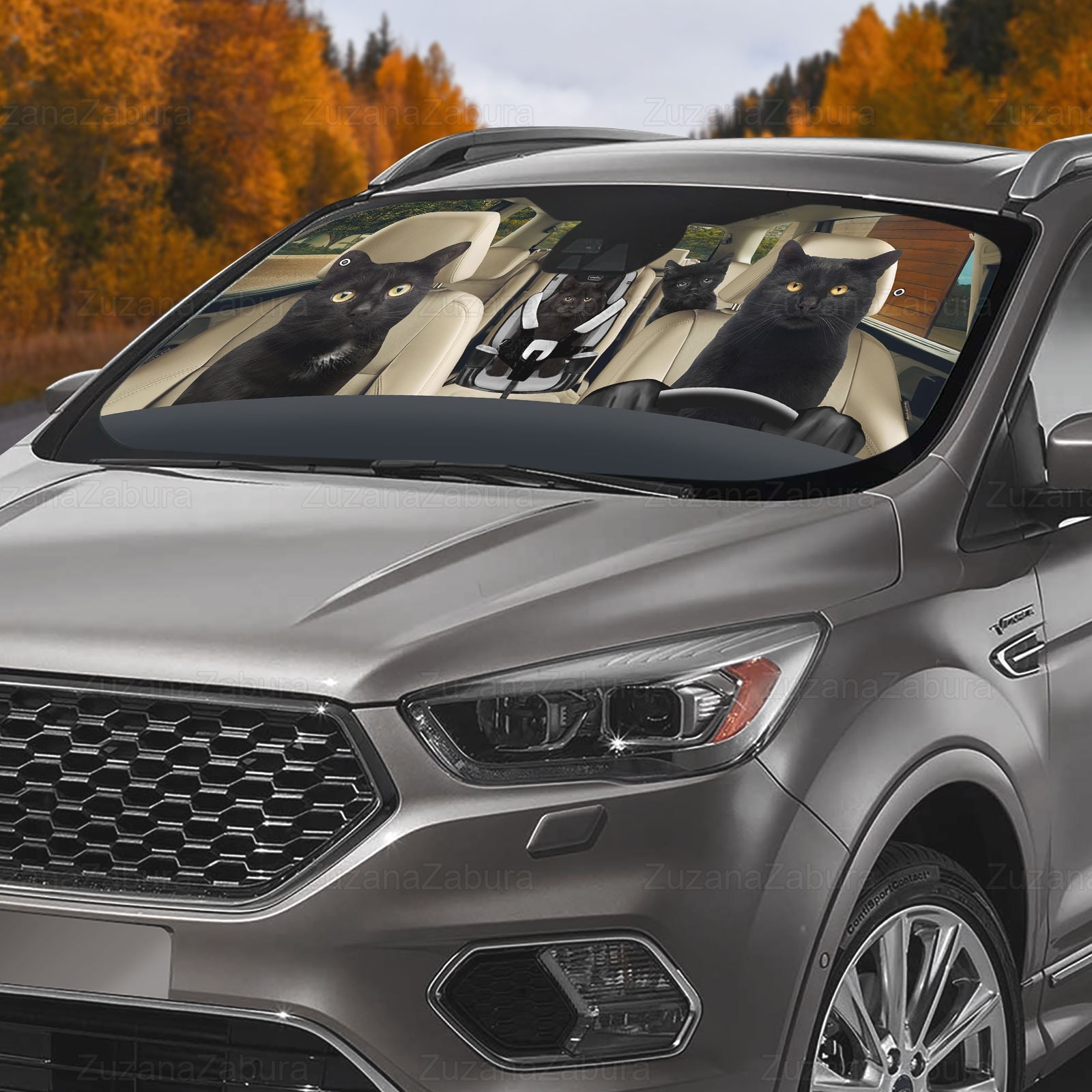 Black Cat Family Car Sun Shade, Black Cat Auto Sun Shade, Funny Cat Car