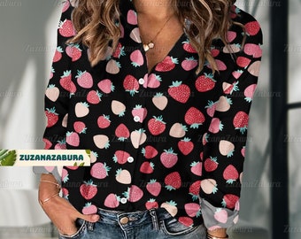 Chemise en lin fraises, chemise fraises, chemisiers fraises hauts femme, cadeau fraises, haut en lin fraises, cadeau pour femme
