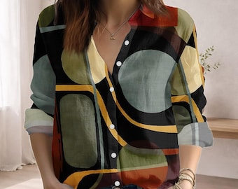 Black Abstract Blouse, Retro Geometric Women Top, Shape Pattern Women Shirt, Casual Long Sleeve Shirt For Women, Gift For Her