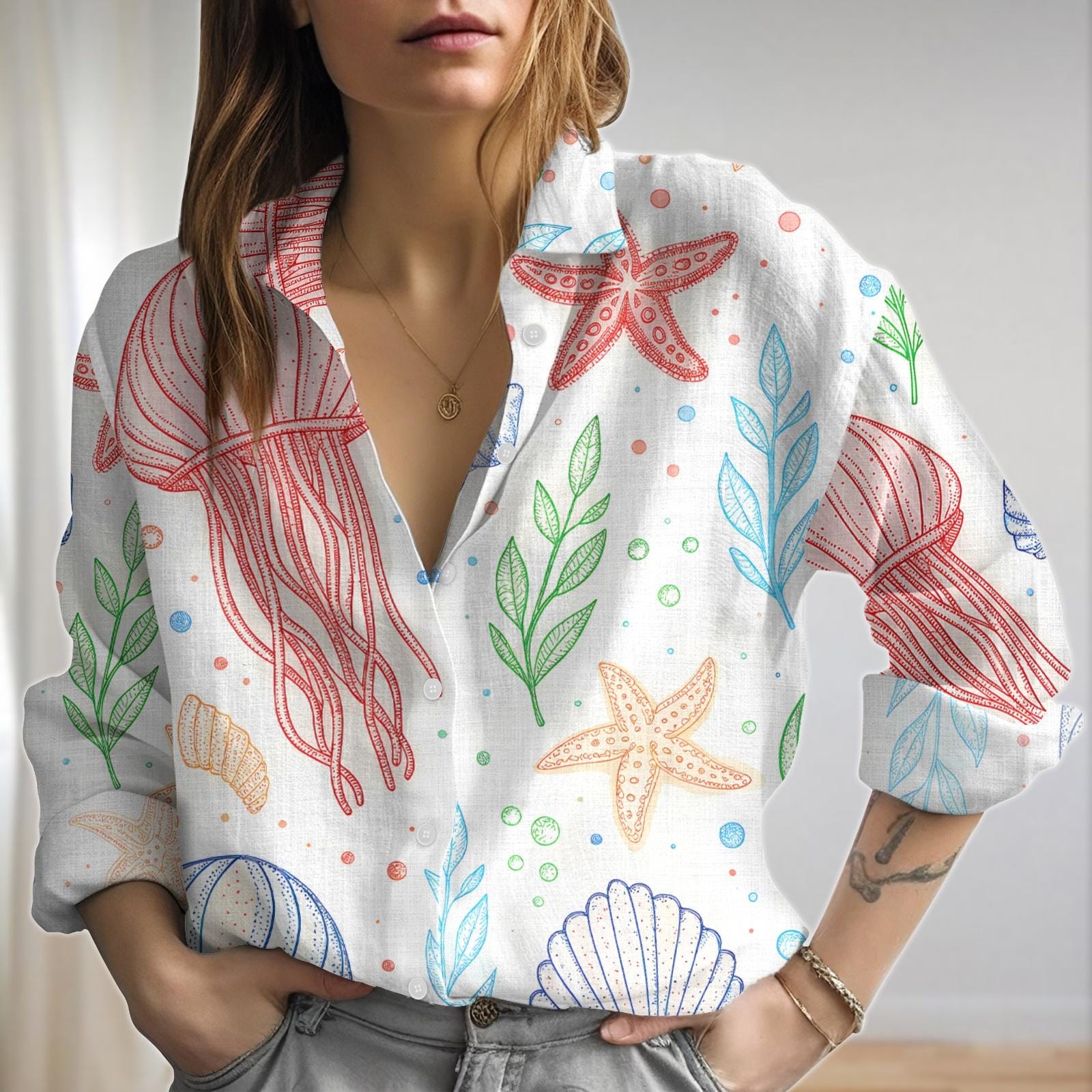 Discover Colorful Starfish Blouse Shirt, Sea Life Casual Shirt, Starfish Women Shirt, Ocean Animal Long Sleeve Shirt, Gift For Her