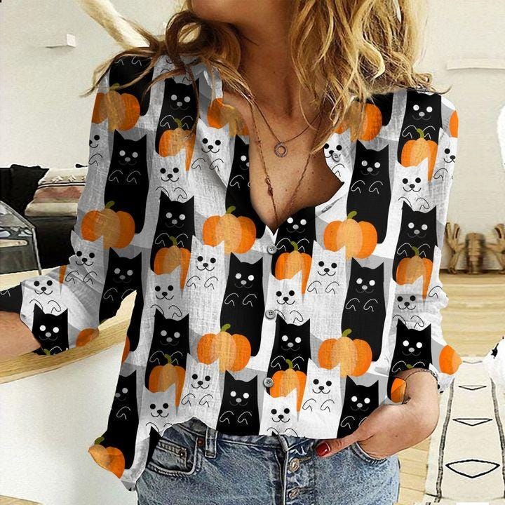 Discover Black Cat Blouse Shirt, Black Cat Pumpkin Women Shirt, Halloween Shirt, Spooky Season Shirt