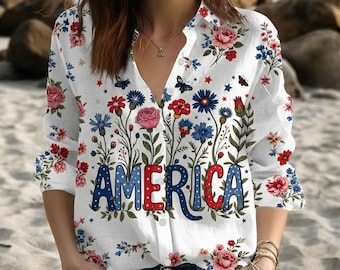 Chemise blouse florale Amérique, chemise femme anniversaire USA, haut bohème fleur rouge blanc bleu, chemise patriotique à manches longues, cadeau pour elle