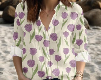 Paars tulp blouseshirt, elegante bloemen damesshirt, lente zomer bloemen vintage boho shirt, tuinliefhebbers cadeau