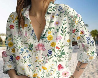 Boho Wildflowers Blouse Shirt, Flowers Casual Shirt, Womens Graphic Tee, Floral Summer Shirt, Nature Lover Gift, Cottagecore Shirt