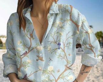 Floral Women Shirt, Birds Blouse Shirt, Bird Nature Long Sleeve Shirt, Camping Shirt, Bird Hiking Summer Shirt, Nature Lover