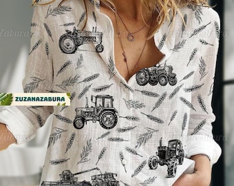 Tractor Linen-Look Shirt, Tractor Shirt, Tractor Lover Shirt, Tractor Shirt Women, Farm Life Shirts, Farm Tractor Shirt, Farmers Shirt