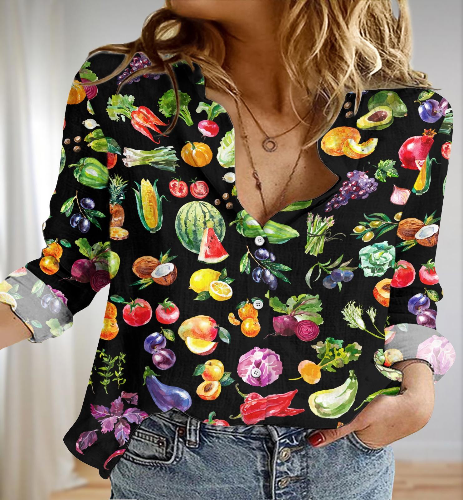 Discover Fruit Veggie Linen-Look Shirt, Vegetable Garden Blouse Shirt, Vegetable Long Sleeve Shirt, Healthy Fruit Shirt, Fruit Button Up Shirt