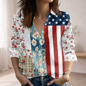 Gebloemde blouse met Amerikaanse vlag, vintage patchwork shirt met lange mouwen, patriottische boho-damesshirt, leuk Independence Day-shirt voor dames