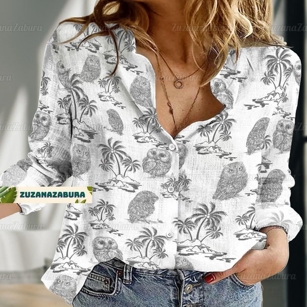 Owl Linen Shirt, Owl Shirt, Women Linen Shirt, Owl Linen, Animal Shirt, Birding Lover, Bird Linen Shirt, Blouse Women Shirt, Owls Gift