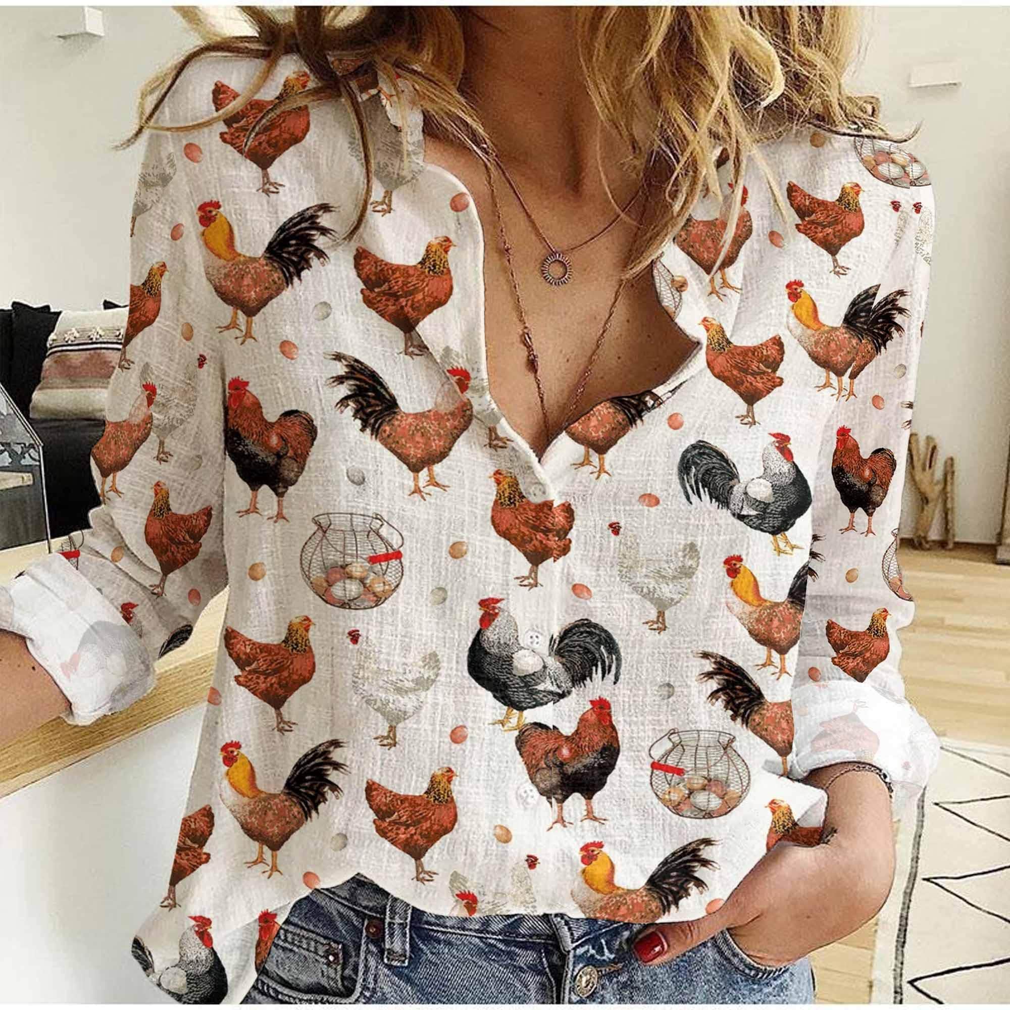 Discover Chicken Breed Linen-Look Shirt, Chicken Blouse Shirt, Farm Blouse, Animal Lover Shirt, Chicken Blouse Women Shirt, Gift For Her