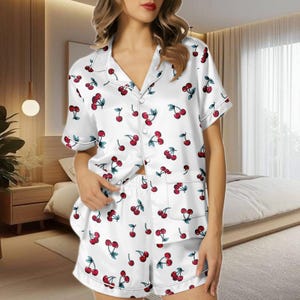 Cherry Satin Pajamas, Fruit Women Pajamas, Cherry Pajamas For Her, Boho Cherry Pajamas Set, Sleepwear Set