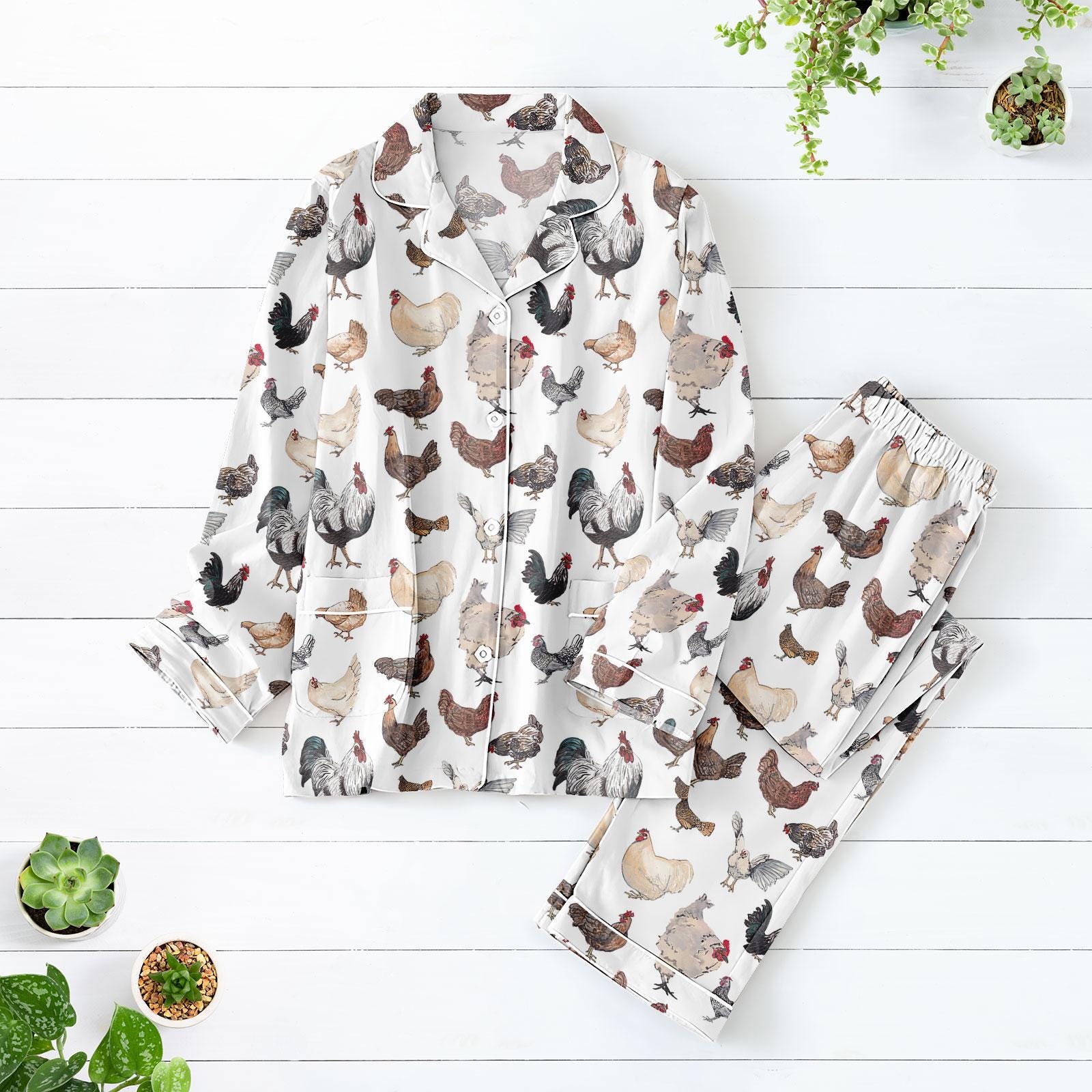 Discover Chickens Pajamas Set, Farm Girl Women’s Sleepwear, Animal Lover Gift, Chickens Farm Vintage, Rooster Pattern Holiday Pajamas