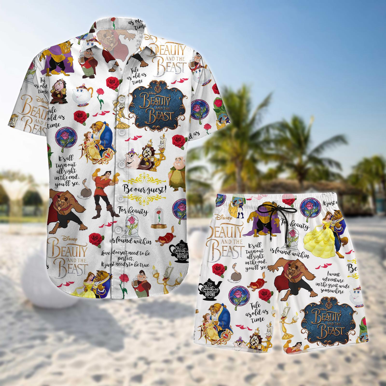 Discover Beauty And The Beast Hawaiian Shirt and Shorts, Belle Princess Button Shirt, Belle And The Beast Shorts, Disney Princess Shirt