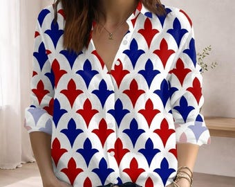 Fleur De Lis Pattern Blouse, Casual Elegant Women Top, Red Blue White Women Shirt, Chic Summer Shirt, Holiday Outfit, Gift For Her