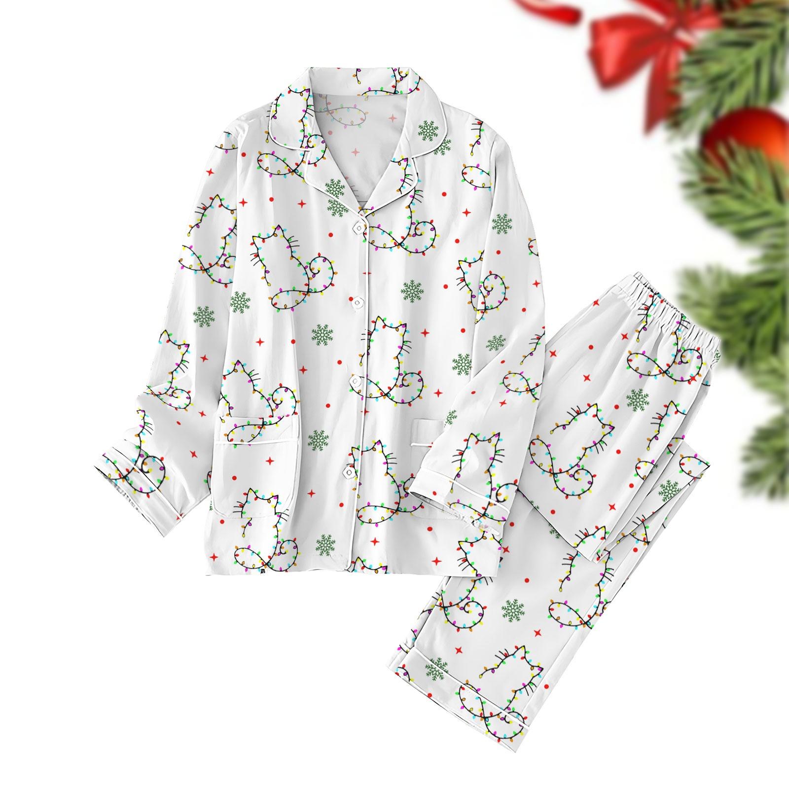 Discover Cat Christmas Lights Pajamas Sets, Meowy Xmas Holiday Pajamas, Pets Lover Pajamas Set, Merry Festive Lights Xmas Shirt, Cat Mom Gift
