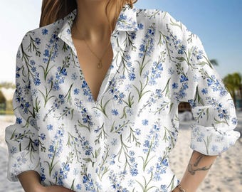 Floral Flower Women's Casual Shirt, Botanical Blouses Shirt, Garden Lovers Gift, Nature Shirt For Women, Vintage Flower Long Sleeve Shirt