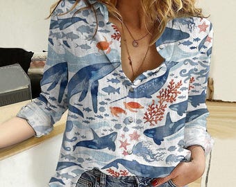 Blusa con estampado de animales marinos, camiseta de mujer con estampado de peces, camiseta casual con estampado de animales, camiseta de verano con estampado de delfines, camiseta de verano con estampado de tortugas, regalo para ella.