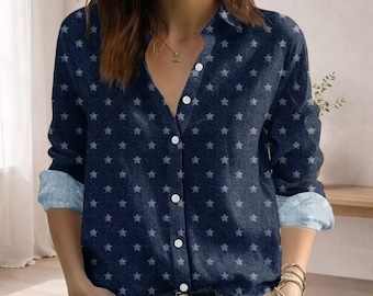 Blusa azul marino del 4 de julio, top patriótico con miniestrellas para mujer, camisa informal de EE. UU. para mujer, camisa de manga larga de verano, regalo para ella, atuendo de vacaciones