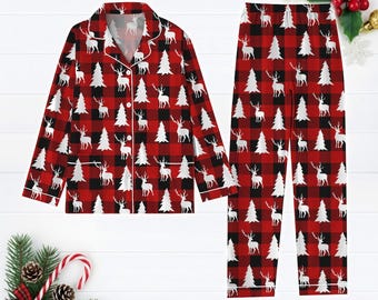 Pijama de Natal Xadrez Búfalo, Conjunto de Pijama Xadrez Vermelho, Conjunto de Pijama de Inverno Natalino, Pijama de Natal com Renas, Camisa com Estampa de Árvore de Natal