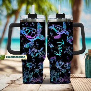 Custom Sea Turtles 40oz Tumbler, Personalized Turtle Tumbler With Handle, Turtle Tumbler, Turtles 40oz Tumbler, Sea Turtles Tumbler