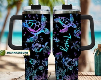 Custom Sea Turtles 40oz Tumbler, Personalized Turtle Tumbler With Handle, Turtle Tumbler, Turtles 40oz Tumbler, Sea Turtles Tumbler
