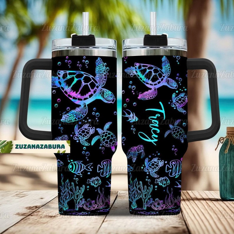 Custom Sea Turtles 40oz Tumbler, Personalized Turtle Tumbler With Handle, Turtle Tumbler, Turtles 40oz Tumbler, Sea Turtles Tumbler