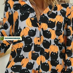 黒猫リネン風シャツ、猫ハロウィンシャツ、カボチャシャツ、猫ブラウス、猫ママシャツ、おもしろ猫シャツ、猫好きシャツ、猫ギフト