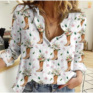 Cowgirl laarzen bloemen linnen look shirt, cowgirl blouse dames shirt, western casual shirt, blouse shirt, country dames shirt