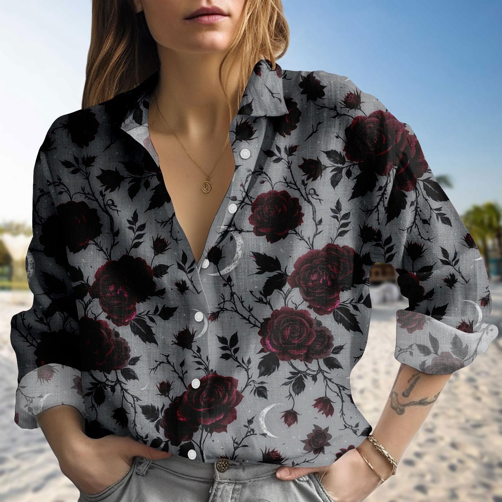 Discover Pastel Floral Blouse Shirt, Rose Garden Women Shirt, Vintage Flower Button Up Shirt, Romantic Summer Top, Cottagecore Gift For Her