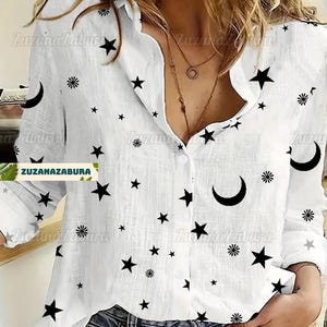 Camicia effetto lino con luna e stelle, camicia da donna con stelle, camicetta con luna, camicia con astronomia, camicia con stelle, camicette da donna con stelle, camicia con luna
