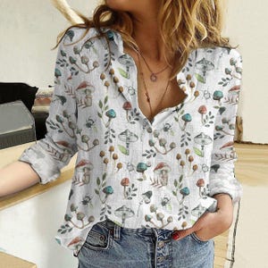 Pilz Bluse Shirt, Natur Liebhaber Langarm Shirt, Gärtner Frauen Shirt, Cottage Kern Ästhetik, Geschenk für Pilz Hobies