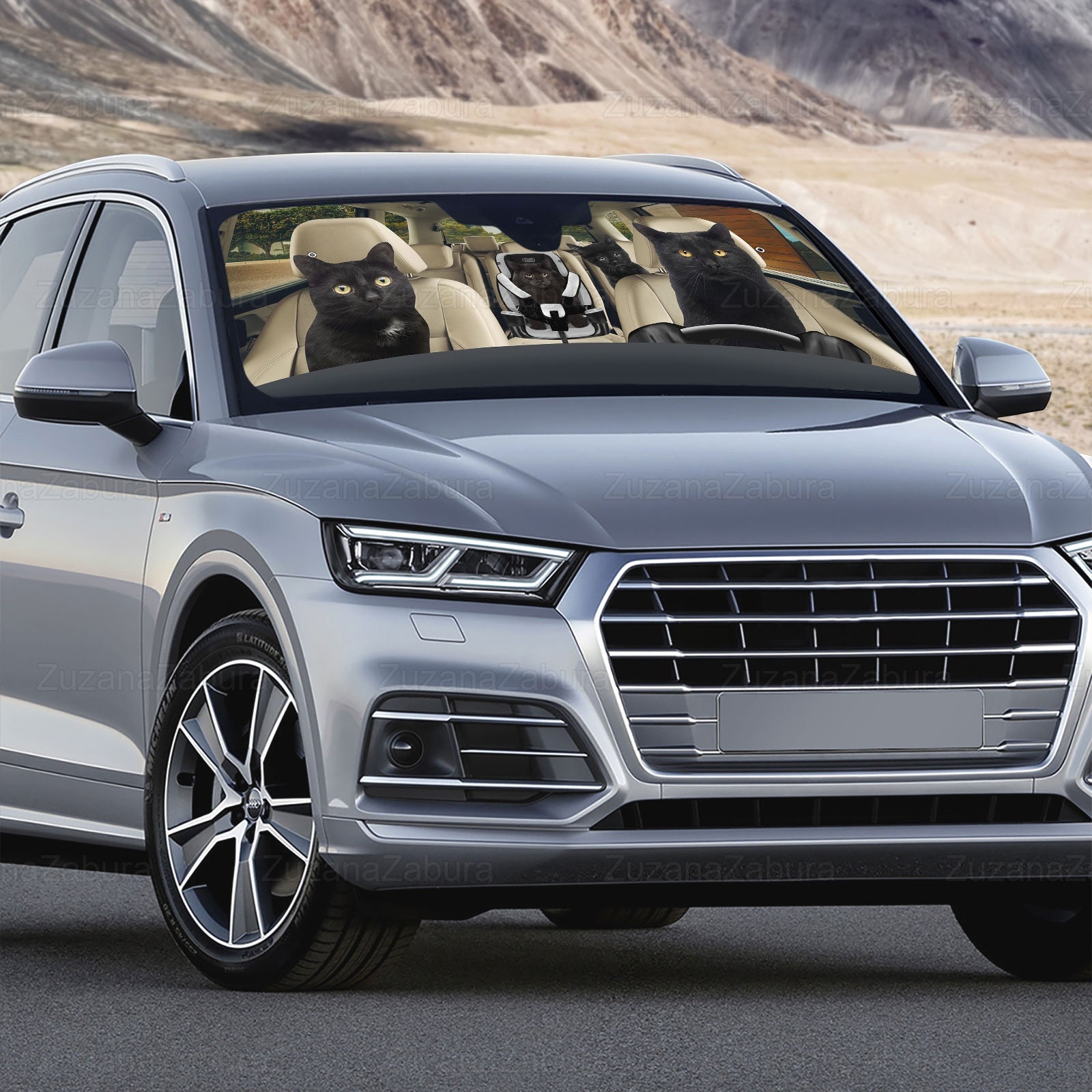 Black Cat Family Car Sun Shade, Black Cat Auto Sun Shade, Funny Cat Car