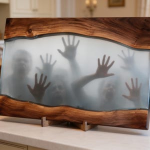 May include: A rectangular wooden serving board featuring a central panel of frosted, semi-transparent resin. The resin section displays a graphic print of multiple human hands and faces pressed against the surface, framed by natural wood edges.