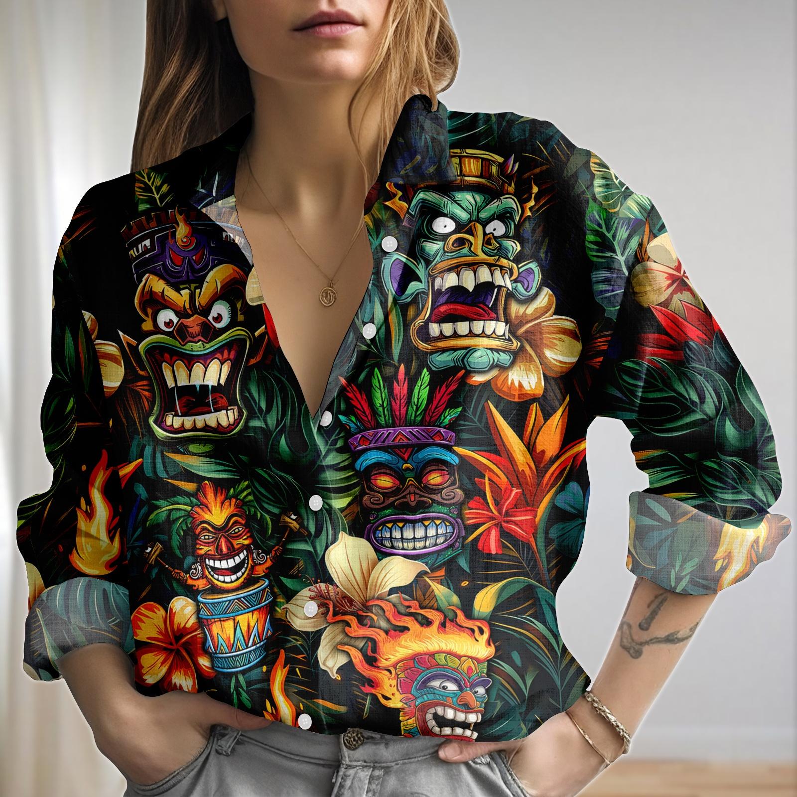 Discover Tiki Blouse Shirt, Tiki Women Shirt, Tiki Lovers Casual Shirt, Summer Party Gift, Tropical Tiki Beach Shirt, Gift For Her