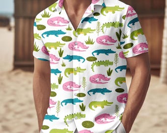 Cute Crocodile Hawaiian Shirt, Alligator Pattern Button Shirt, Swamp Animal Short Sleeve Top, Wildlife Resort Outfit, Gift For Him