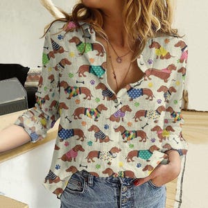 Dachshund Mom Linen-Look Shirt, Dog Casual Shirt, Pets Lover Linen Shirt Women, Animal Long Sleeve Shirt, Dog Owner Gift, Gift For Her