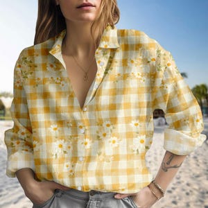 Yellow Floral Blouse Shirt, Soft Button Women Shirt, Daisy Long Sleeve Shirt, Garden Lovers Shirt, Gift For Her