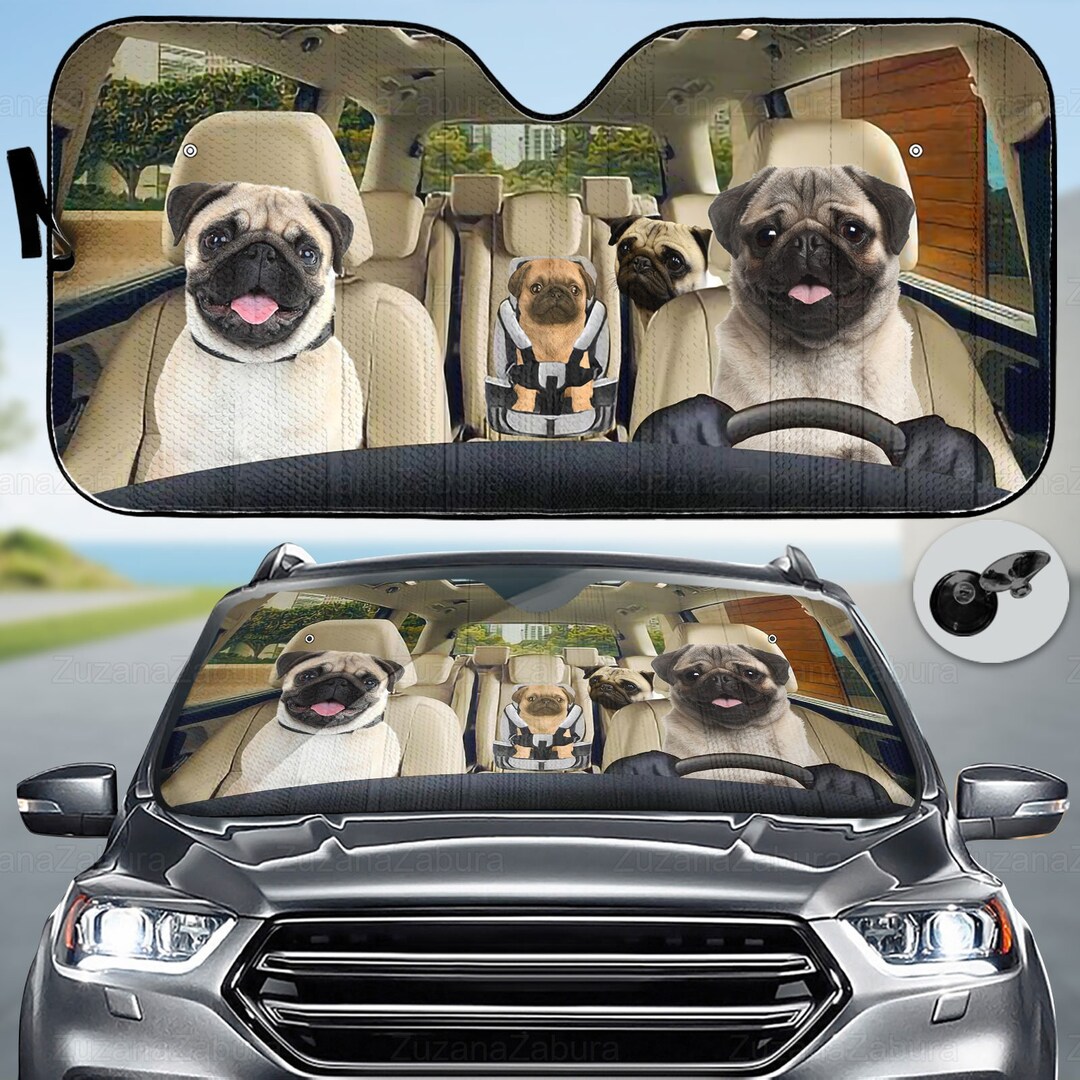 Pug Family Car Sunshade, Pug Car Decoration, Pug Car Windshield, Auto