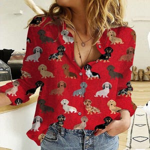 Dachshund Red Blouse Shirt, Dachshund Women Shirt, Funny Dachshund Casual Shirt, Dog Festival Top, Gift For Her