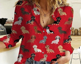 Dachshund Red Blouse Shirt, Dachshund Women Shirt, Funny Dachshund Casual Shirt, Dog Festival Top, Gift For Her