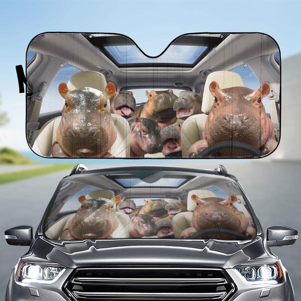 Hippo Family Car Sun Shade, Car Sun Shade, Hippo Car Decoration, Family Gifts, Hippo Windshield Sunshade, Sun Visor Car, Father Day Gift
