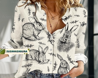 Rabbit Linen Shirt, Rabbit Shirt, Women Linen Shirt, Rabbit Linen Clothing, Blouse Women Shirt, Shirt For Women, Rabbit Summer Shirt