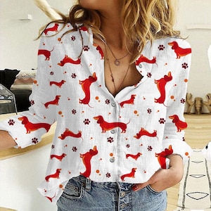 Dachshund Pattern Blouse Shirt, Dachshund Mom Casual Shirt, Dachshund Ladies Top, Dog Blouse Women Shirt, Dachshund Dog Shirt