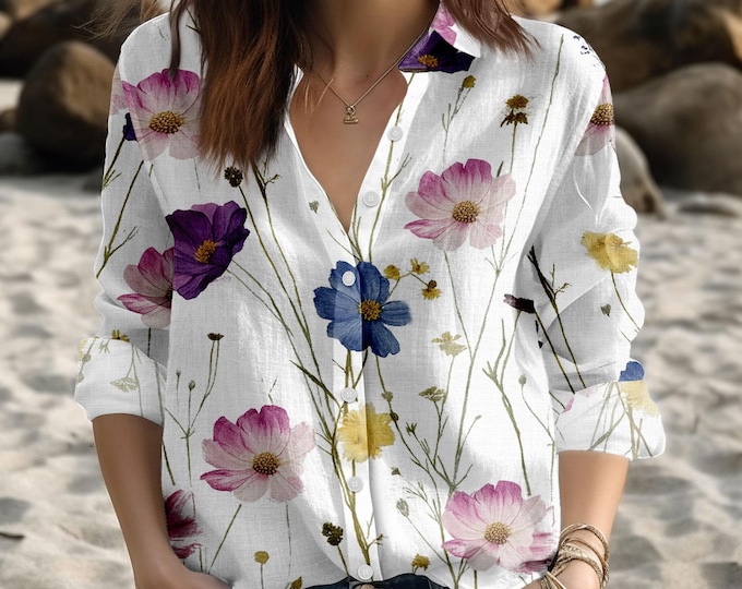 Boho Cottagecore Blouse Shirt, Wildflowers Women Shirt, Vintage Floral Casual Shirt, Botanical Floral Summer Shirt, Gift For Gardener