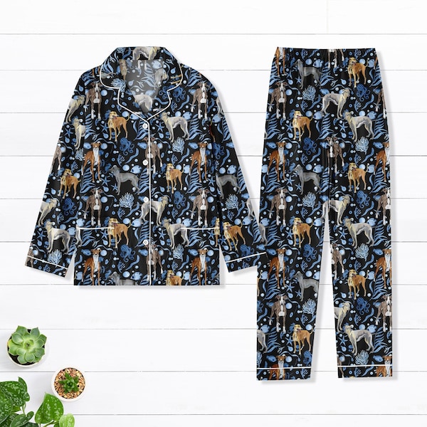 Greyhound Pajamas Set, Dog Women Pajamas, Animal Lover Gift, Dog Mom Thick Pajamas, Pets Lover Gift